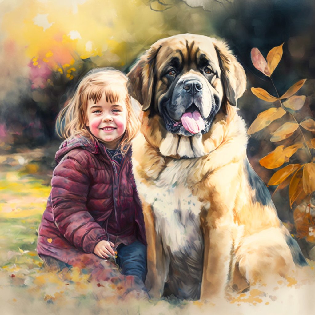 A portrait of a girl and her dog in an autumn garden