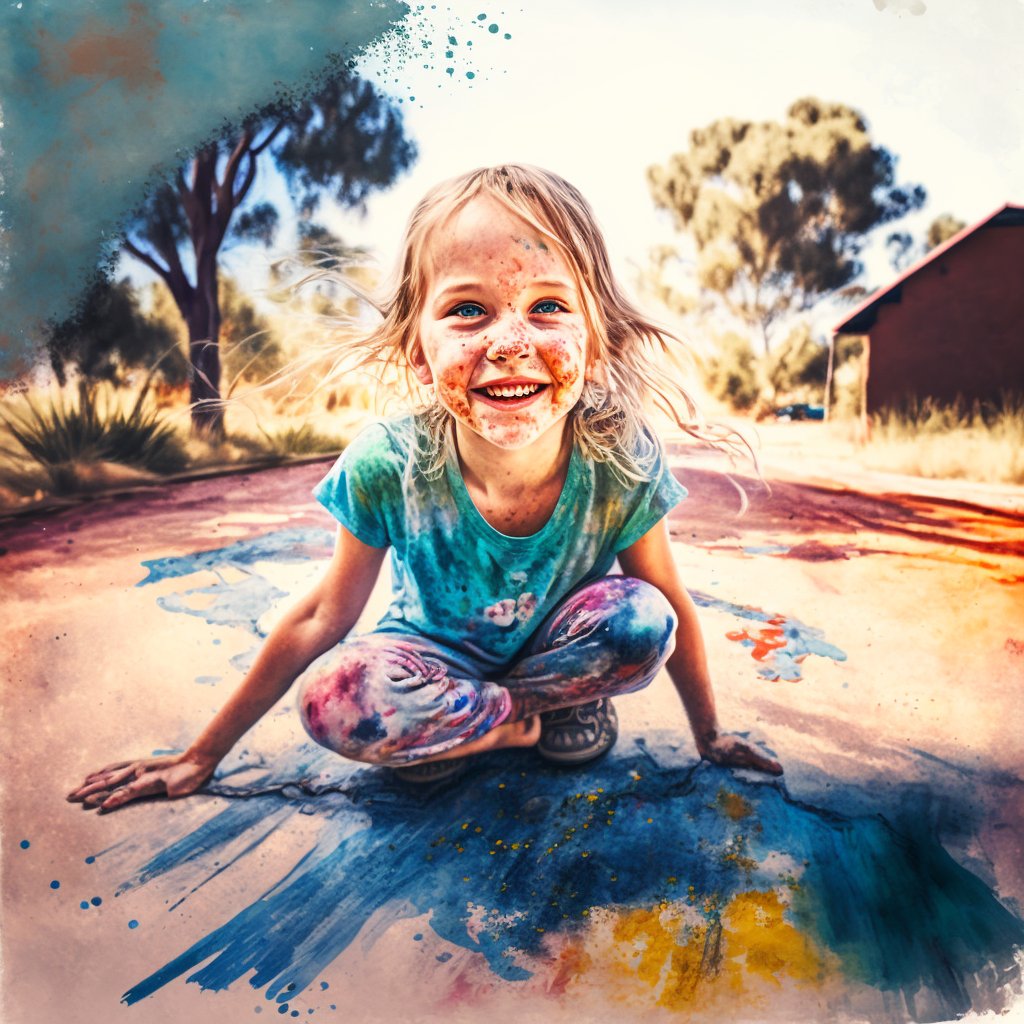 girl playing with colours on the ground