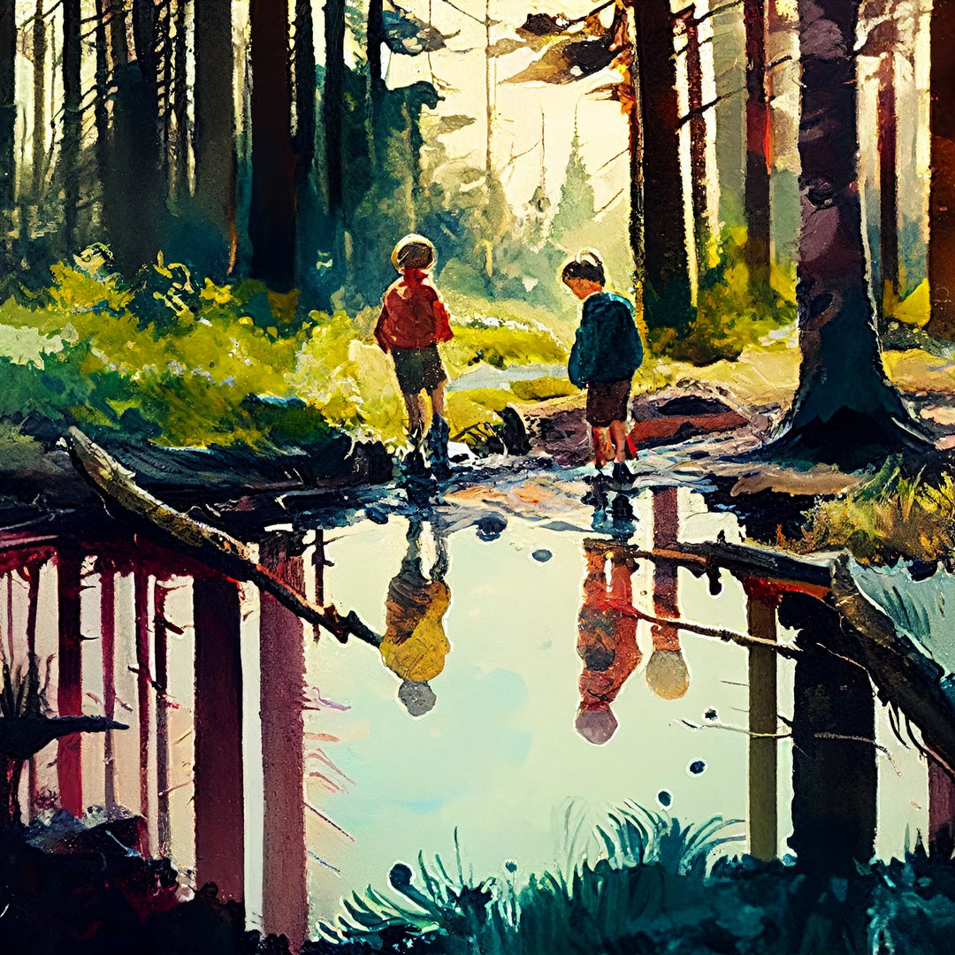 Two kids are playing in the forest