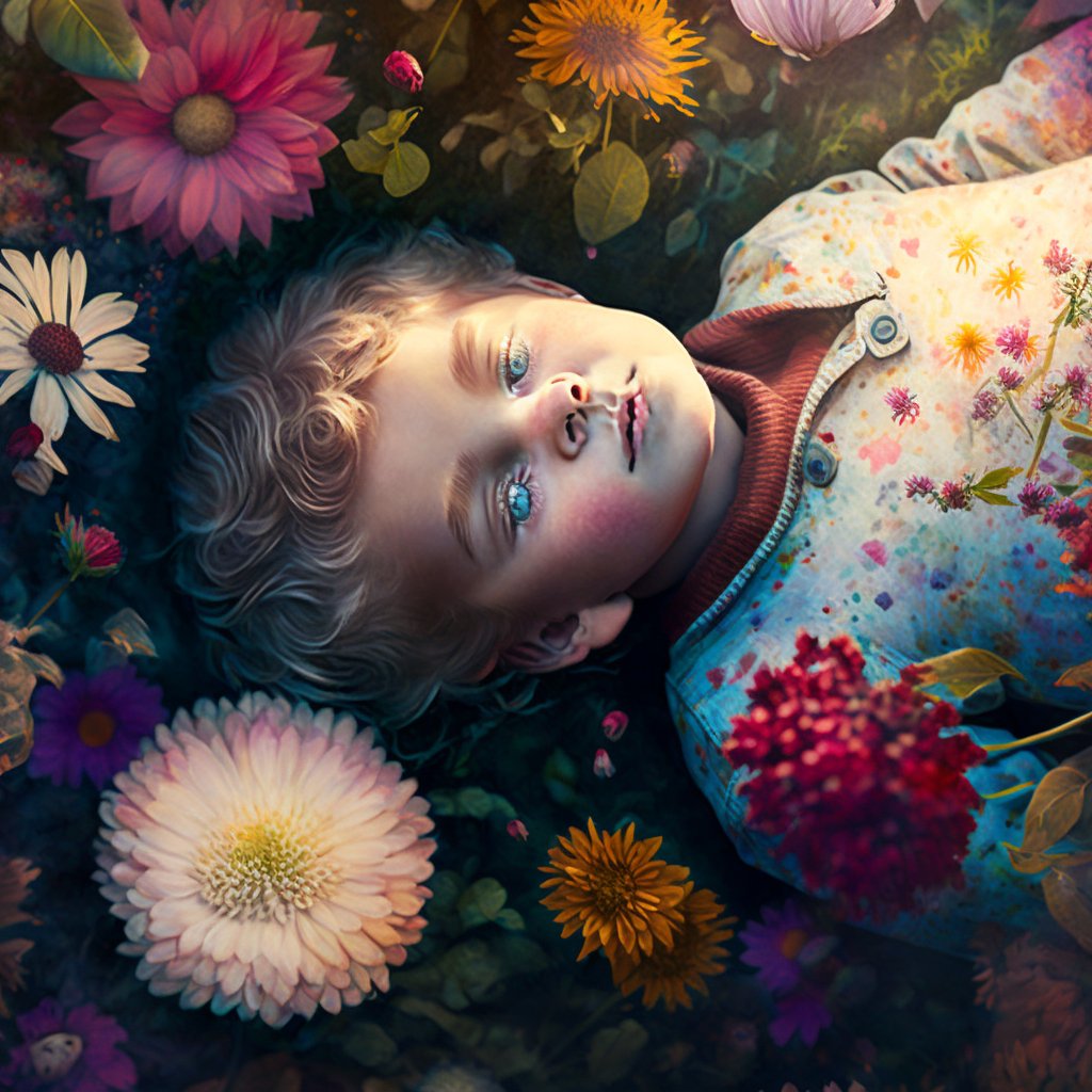 kid lying on a field of flower